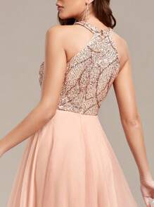 Sequin Contrast Mesh Asymmetric Hem Women's Formal Dress, Gala Dress, Wedding Guest Dress, Graduation Ceremony, Formal Dinner, Party Dress - Rose Gold - View 8