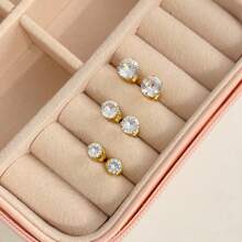 [ SEMI JEWELLERY ] Trio Of 18k Gold Earrings With Round Zirconia Stone 18k Gold Plated In 925 Silver - 金色 - 查看 5