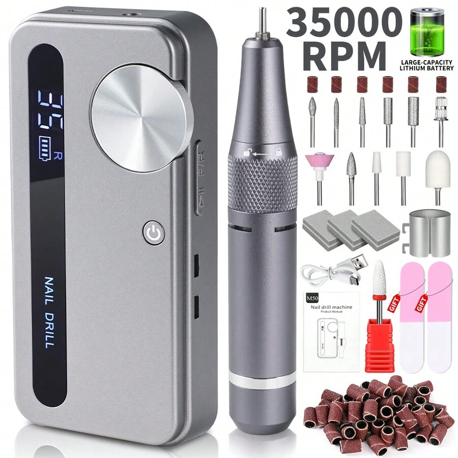 Máy làm móng tay điện có thể sạc lại 35000RPM, tiếng ồn thấp, máy tháo móng chuyên nghiệp màu hồng, trắng, xám, bộ máy làm móng, máy đánh bóng móng, máy cắt gel, máy tiện móng, giũa, dụng cụ đánh bóng, bộ khoan móng, thiết bị làm móng chuyên nghiệp - Nhiều màu - Xem 1