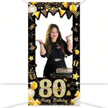 1 件时尚黑金色生日派对相框，35.4 * 7.08 英寸，采用涤纶材料制成，适用于派对装饰，适合生日照片装饰背景 - 黑金色 - 查看 15