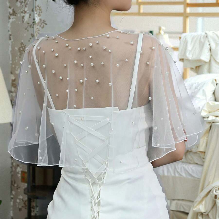 1 件新娘新款夏季新娘披肩，薄披肩，带珠饰，适合婚纱，防晒和礼服装饰 - 彩色 - 查看 1