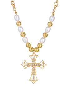 1pc Vintage Pearl Punk Cross Pendant Necklace - Gold - View 3