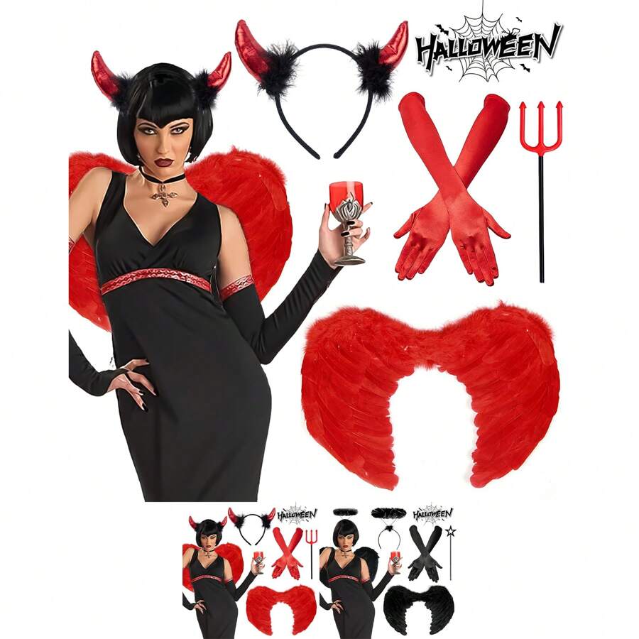Bộ 4 món/Bộ phụ kiện hóa trang Halloween Thiên thần đen/Áo đỏ, Cánh thiên thần, Thiên thần sa ngã, Quầng sáng, Đũa phép, Găng tay dài bằng vải satin, Sừng quỷ, Băng đô, Đinh ba, Nhị nguyên huyền bí cho Halloween, Phụ kiện hóa trang cho tiệc hóa trang người lớn, Dạ hội - Nhiều màu - Xem 1