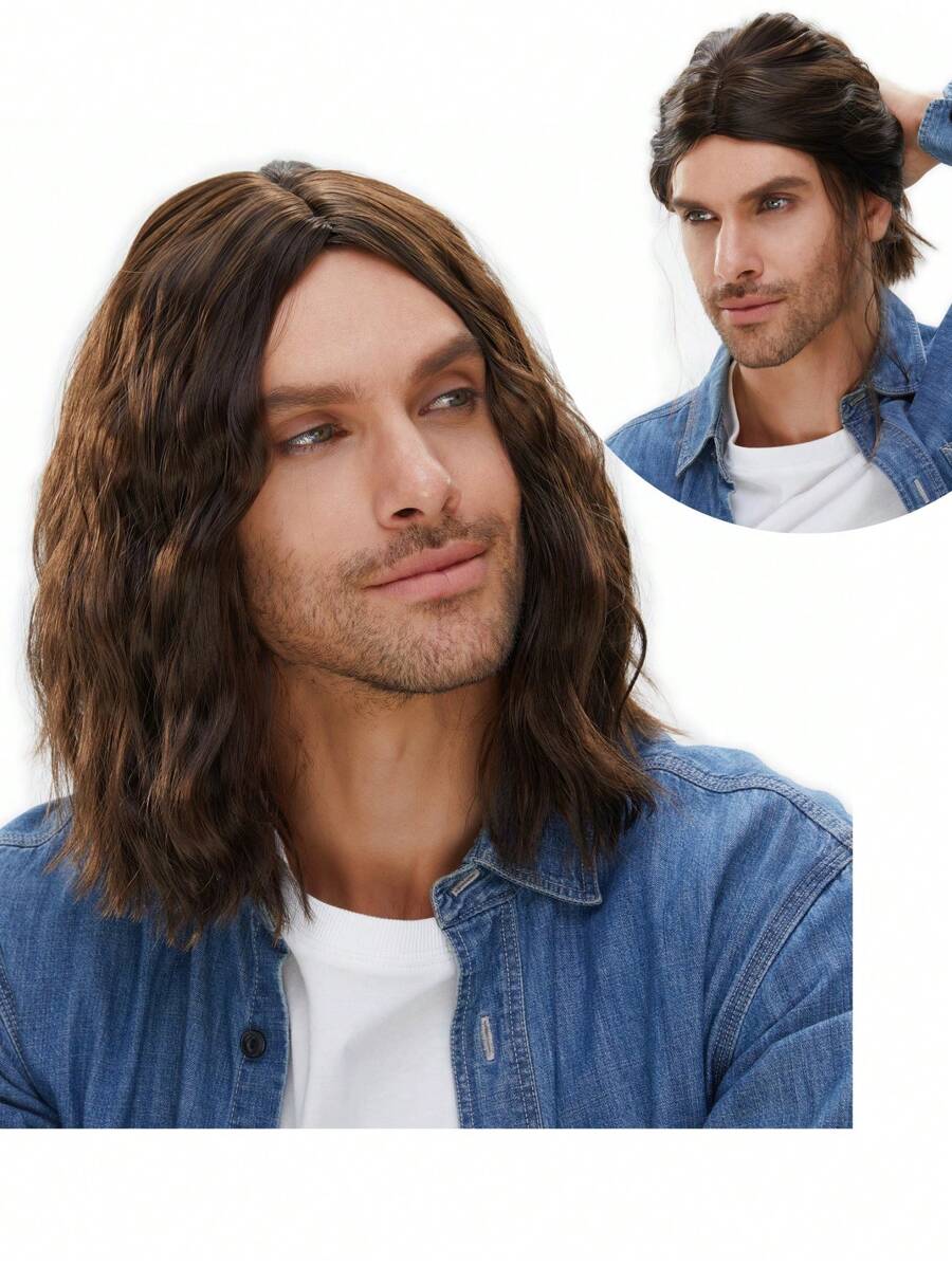 长款波浪假发，男士派对卷发假发，嬉皮摇滚风格，70、80年代复古派对装扮，动漫风格，耐热合成假发，带假发帽 - 棕色 - 查看 1