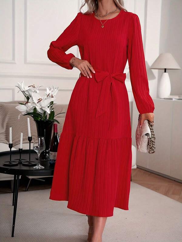 Pleated Hem Puff Sleeve Belted Casual Dress, Spring Autumn