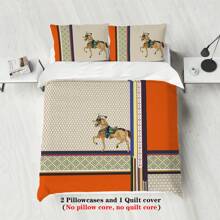 3pcs Luxury Design Classic Orange Patchwork Style Digital Printing, Skin-Friendly And Breathable, Warm And Comfortable, Anti-Pilling, Machine Washable, Suitable For All Seasons, Quilted, Hemmed, Sanded, 1 Quilt Cover + 2 Pillowcases Unfilled Bedding Three-Piece Set