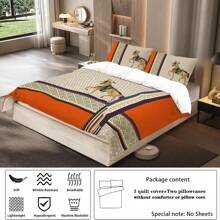 3pcs Luxury Design Classic Orange Patchwork Style Digital Printing, Skin-Friendly And Breathable, Warm And Comfortable, Anti-Pilling, Machine Washable, Suitable For All Seasons, Quilted, Hemmed, Sanded, 1 Quilt Cover + 2 Pillowcases Unfilled Bedding Three-Piece Set