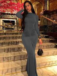 Fashionable Pleated Crew Neck Long Sleeve Bodycon Dress - Dark Grey - View 3