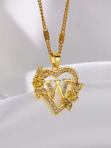 1 Pc Fashion Zirconia Flower Initial Heart Pendant Necklaces For Women Gold Color Stainless Steel Letter Chain Wedding Jewelry Gifts Valentines,Mom,Mother,Mother's Day,Gift