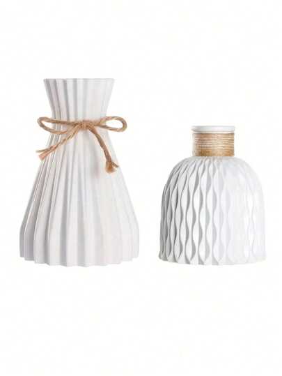 白色坚固塑料花瓶和人造花套装，适用于餐厅、客厅、阳台、咖啡厅、卧室、书房装饰、派对装饰、情人节礼物