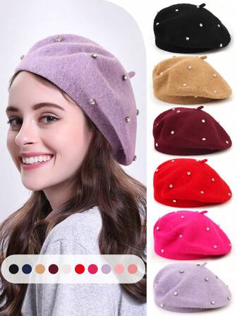 1 件女士休闲羊毛纯色珠饰贝雷帽，时尚百搭