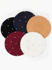 1 件女士休闲羊毛纯色珠饰贝雷帽，时尚百搭