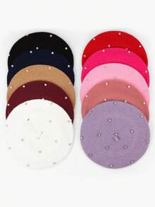 1 件女士休闲羊毛纯色珠饰贝雷帽，时尚百搭