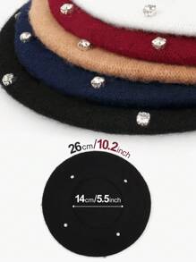 1 件女士休闲羊毛纯色珠饰贝雷帽，时尚百搭