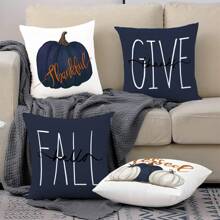4pcs/1pc Thanksgiving Decorative Pillow Case, Harvest Season Pumpkin & Letter Print Blue Cushion Cover, Thanksgiving Decor Sofa Throw Pillow Sham - Multicolor - View 3