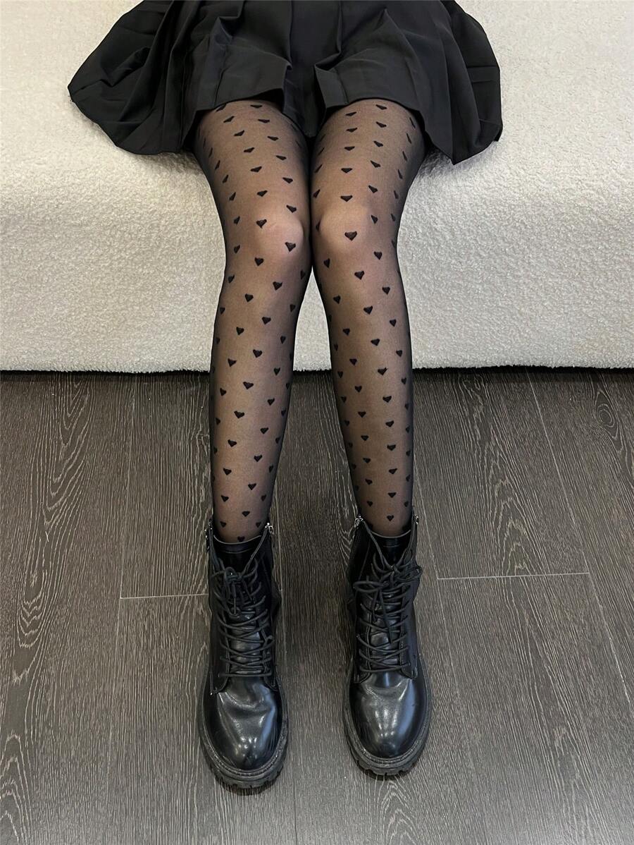 1 件女士 JK 心形提花性感丝袜 - 黑色 - 查看 1