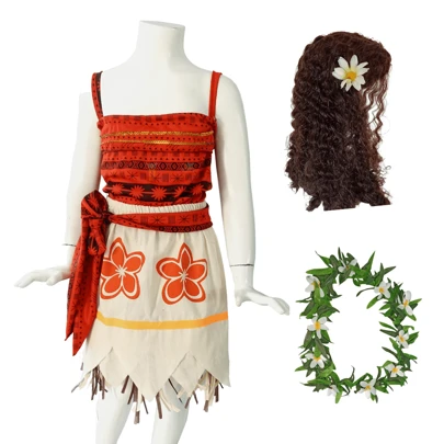 Disfraz Tipo Moanna Flores Vestido + Peluca Cosplay Princesa Mar