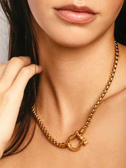 18K Gold Plated Stainless Steel Box Chain Necklace With Dual-Tone Chunky Clasp Pendant, Waterproof Jewelry For Women