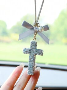 1pc Rhinestone Encrusted Ceramic Cross Car Hanging Decor - one-size - View 5