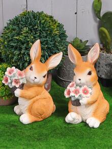 1pc Outdoor Garden Ornaments Solar Powered Resin Craft Rabbit Holding Flower Decoration For Garden - Burnt Orange - View 5