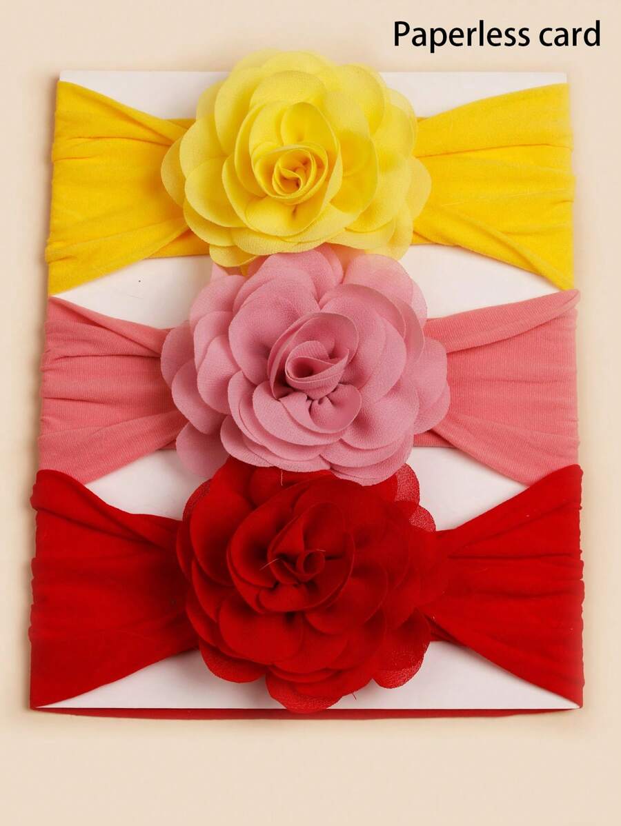 3pcs Rose Flower Birthday Pink Baby Headbands (Paper Card For Decoration) Love Valentine