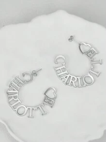 1 par de pendientes de aro con forma de corazón personalizada de 50 mm, pendientes redondos grandes de acero inoxidable para mujeres, joyería con placa con nombre en color dorado, accesorio para vacaciones y uso diario, regalo, joyería y reloj, elegante para el otoño, atuendo elegante - Chapado en platino. - Ver 4