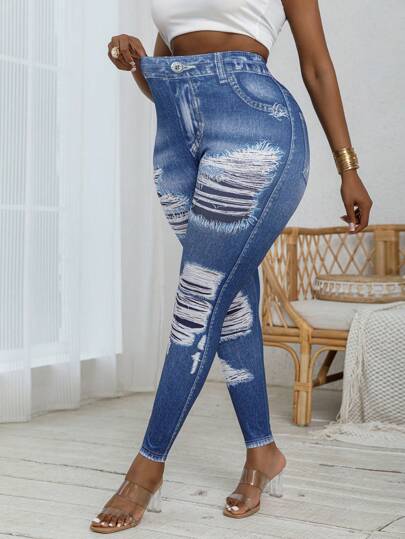 Plus Size Women's Skinny Leggings Denim Effect Faux Ripped Pattern Comfortable Stretchy Stylish Pants Casual Fashion Clothing