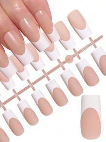 120片预着色法式美甲贴纸，中号方形图案假指甲，DIY美甲延长，美甲护理用品 - 淺粉色 - 查看 3