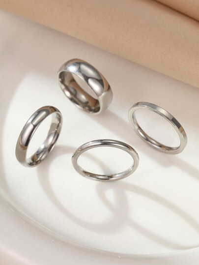 4pcs Stainless Steel Silver Fashionable And Simple Smooth Ring Set That Can Be Worn By Both Men And Women, Suitable For Neutral Daily Decoration Or Gift Giving, Finger Size 6 To 13