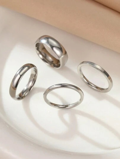4 piezas Juego de anillos lisos de acero inoxidable plateado, elegante y sencillo, que se puede usar tanto por hombres como por mujeres, adecuado para decoración diaria neutral o regalo, tallas de dedo del 6 al 13
