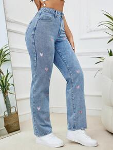 Pantalones vaqueros elásticos de color azul claro con bordado de corazón, suaves y cómodos, con diseño de copos de nieve, de moda casual, adecuados para primavera, verano, otoño e invierno - Celeste - Ver 5