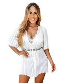 Pleated Romper Jumpsuit With Flare Sleeves, Stylish Gringa - 白色 - 查看 3