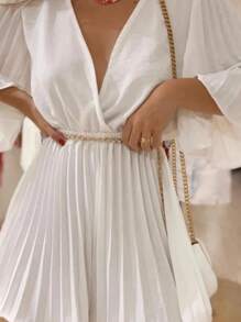 Pleated Romper Jumpsuit With Flare Sleeves, Stylish Gringa - 白色 - 查看 2