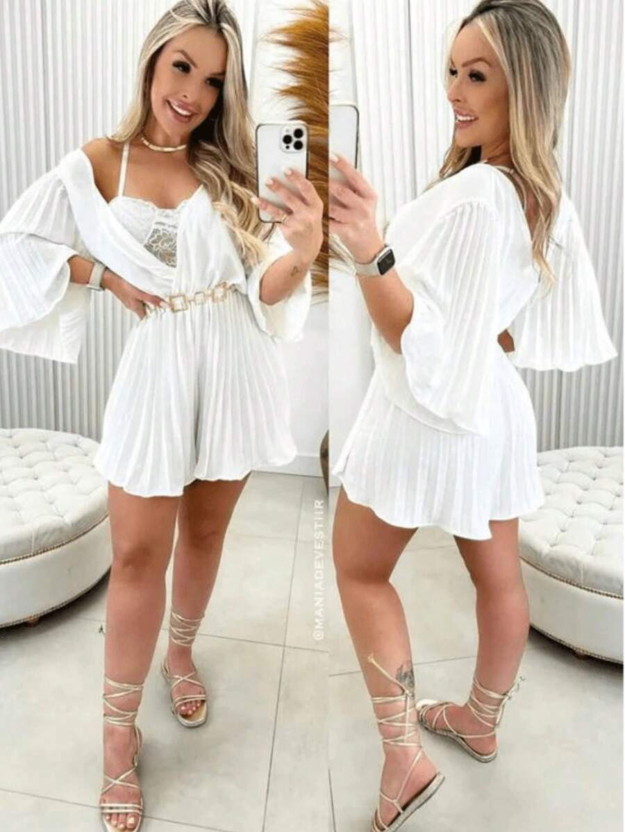 Pleated Romper Jumpsuit With Flare Sleeves, Stylish Gringa - 白色 - 查看 1