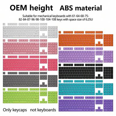 OEM Ergonomic Keycap Set, R4/R3/R2/R1 Height, ABS Material, White, Grey, Black, Light Pink, Dark Pink, Light Purple, Dark Purple, Orange, Green, Dark Blue, Translucent English Characters, Fits 61/63/64/68/75%/82/84/87/96/98/100/104/108 Key Mechanical Keyboards, Includes EU 7u Enter Key, Keycaps Only, Not Full Keyboard