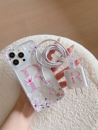 苹果 5 件/套字母 A-S 图案手机壳 + 数据线保护套，兼容 iPhone 7/8、7P/8P、X/XS、XR/XSMax、11/11Pro/11ProMax、12/12Pro/12ProMax/12Mini、13/13Pro/13ProMax/13Mini、14/14Pro/14Plus/14ProMax、15/15Pro/15Plus/15ProMax，包括快速充电适配器和保护套