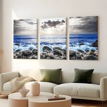 3pcs Natural Scenery Wall Painting Ocean Coast Scenery Painting Black And White Blueprint Canvas Painting Home Wall Decoration For Living Room Bedroom Bathroom - màu sắc - Xem 2
