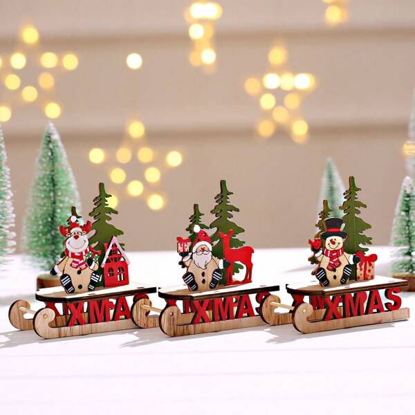 DIY Christmas Wooden Sled Decor, Cartoon Santa Snowman Reindeer Tabletop Ornaments, Holiday Party Decoration Supplies, Halloween, Halloween Decoration