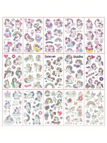 STARTTOOS 15 件装独角兽夜光临时纹身贴纸，适合男孩和女孩，可爱又有趣，防水假夜光纹身贴纸，生日礼物和派对装饰