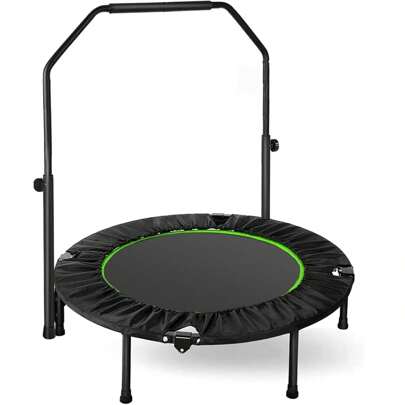 Ø101cm inomhusstudsmatta, hopfällbar fitnessstudsmatta, studsmatta för hoppkondition, lastkapacitet 150 kg, justerbar räckeshöjd, uthållighetsträning, olika grupper av människor