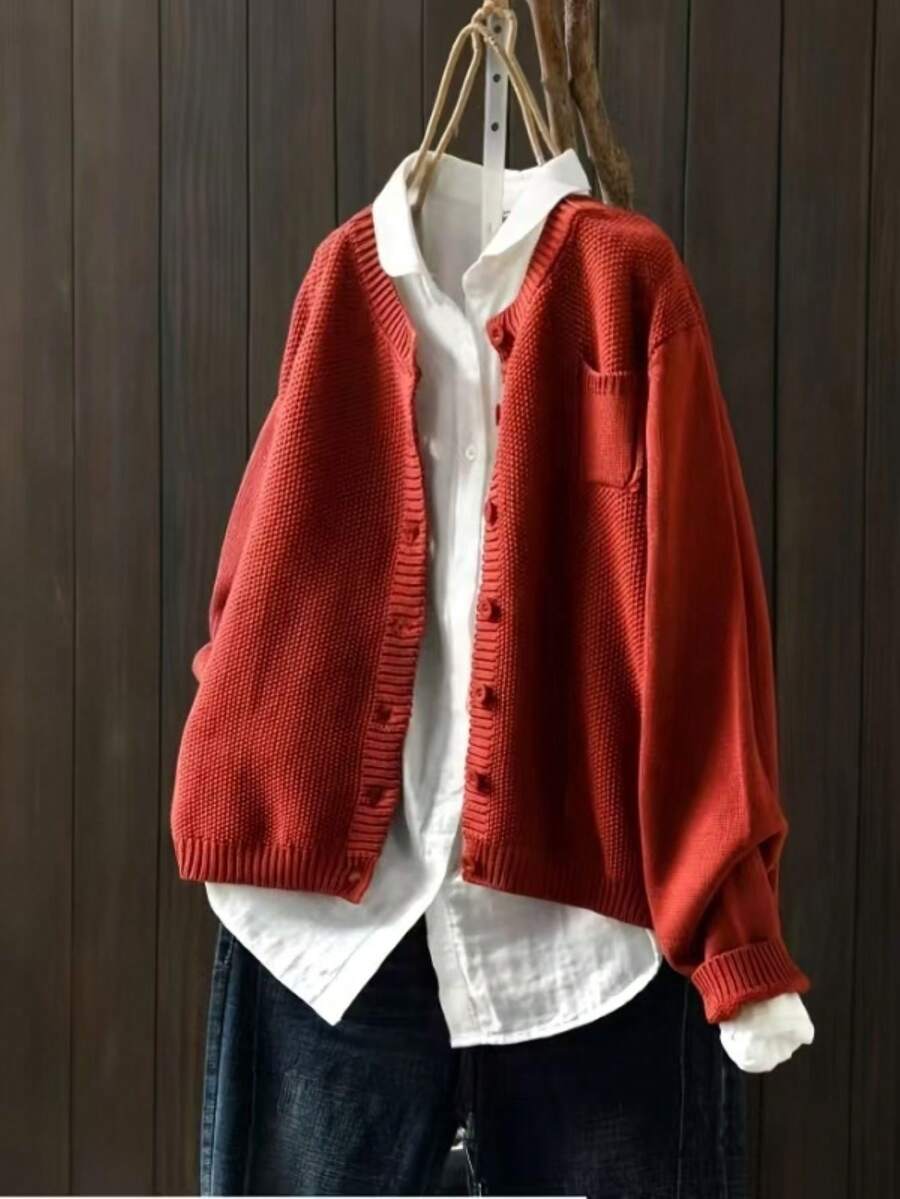 Cárdigan de punto de cuello redondo y manga larga informal, otoño/invierno - Rojo - Ver 1