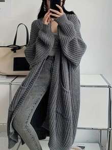 2025 Autumn/Winter New Slouchy Mid-Length Dual Pocket Knitted Cardigan For Women - Grey - View 1