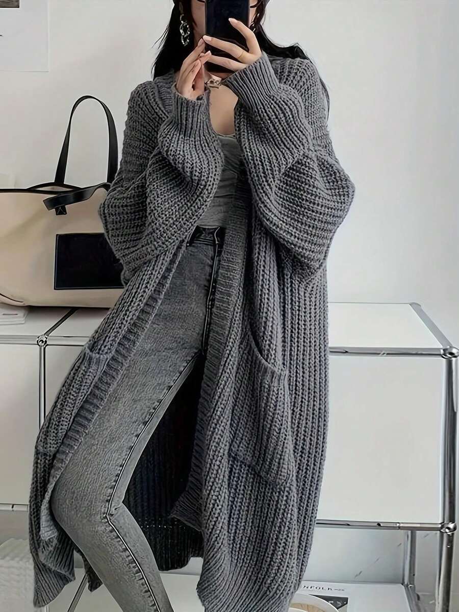 2025 Autumn/Winter New Slouchy Mid-Length Dual Pocket Knitted Cardigan For Women - Grey - View 1