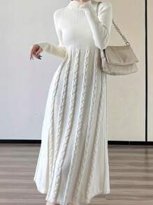 Women's Elegant Simple Ribbed High Neck Cable Knit Midi Sweater Dress - White - View 1