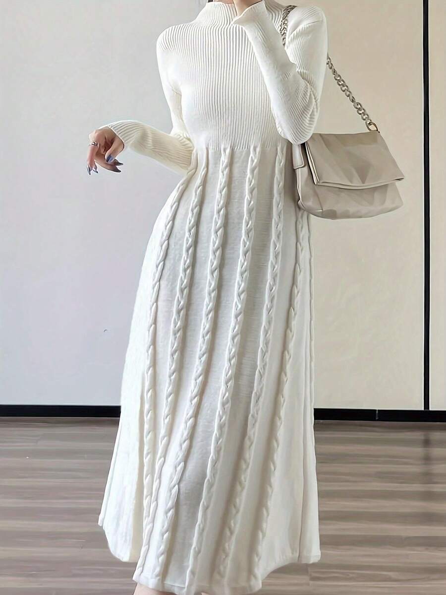 Women's Elegant Simple Ribbed High Neck Cable Knit Midi Sweater Dress - White - View 1