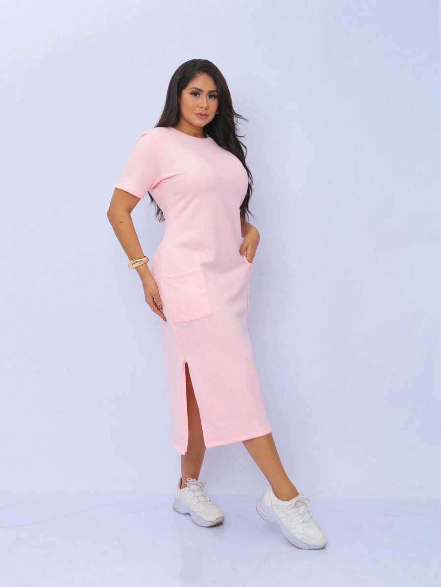 Midi Sweatshirt Dress With Front Pockets - Stylish And Modern | Fashion 2024 - 淺粉色 - 查看 1