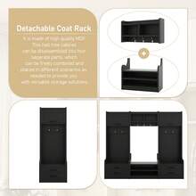 4-In-1 Detachable Hall Tree With Storage And 7 Hooks, Multiple Functions Hallway Coat Rack With Storage Drawers And Cabinet, Antique Beige Shoe Bench For Entryway Hallway - 黑色+刨花板+MDF-1 - 查看 7