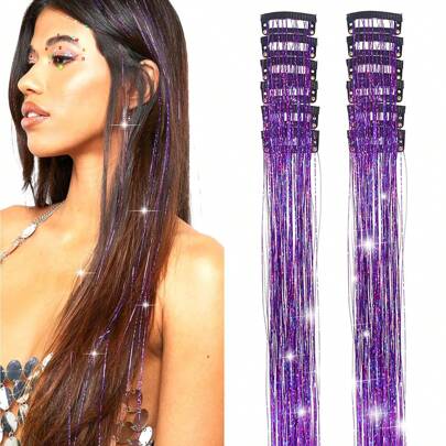 6pcs Shiny Hair Clips, 23.6 Inch Sequin Hair Accessories Clip-In Set, Heat Resistant Glitter Hair Clips, For Women (Purple)