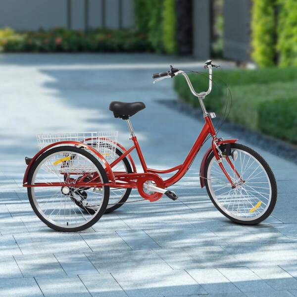24-Zoll-Dreirad für Erwachsene und Senioren, 3-Rad-Fahrrad mit LED-Licht, Einkaufskorb, 6-Gang-Schaltung, V-Bremse, Dreirad für Picknicks, Outdoor-Einkäufe, rot
