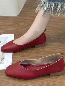 2024 女式方头平底一脚蹬软皮舒适平底牛津鞋适合工作/面试，红色 - 紅色 - 查看 5
